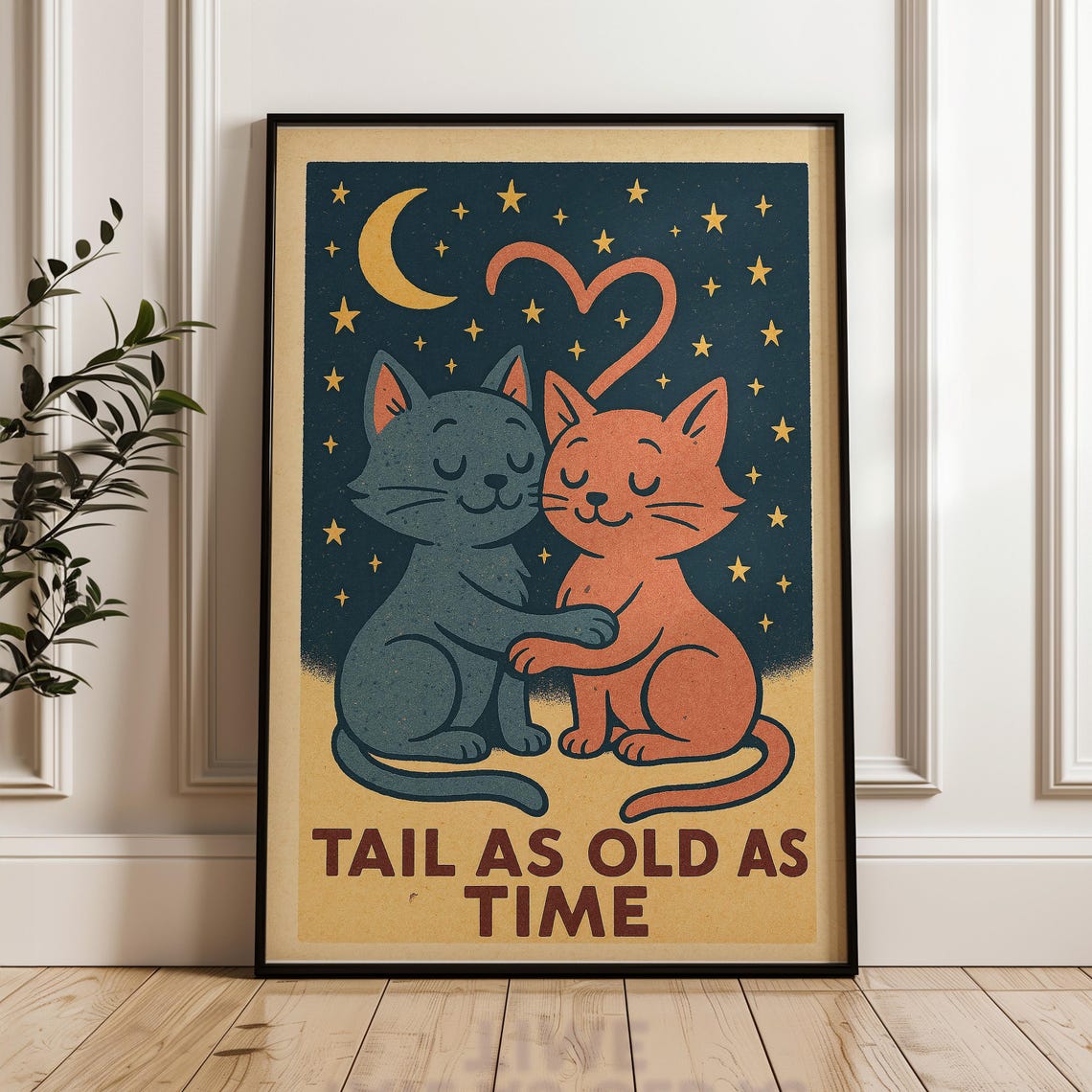 Tail As Old As Time Romantic Starry Night Cat Couple Love Poster