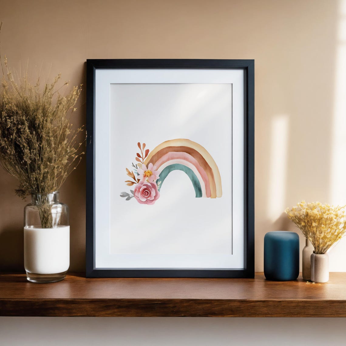 Boho Rainbow Watercolor with Pink Flowers Nursery Floral Art Poster - Image 2