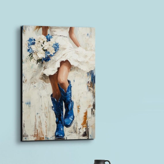 Blue Cowboy Boots Retro Ready To Hang Premium Wall Art Print Wall Art Western Wall Art Cowgirl Art