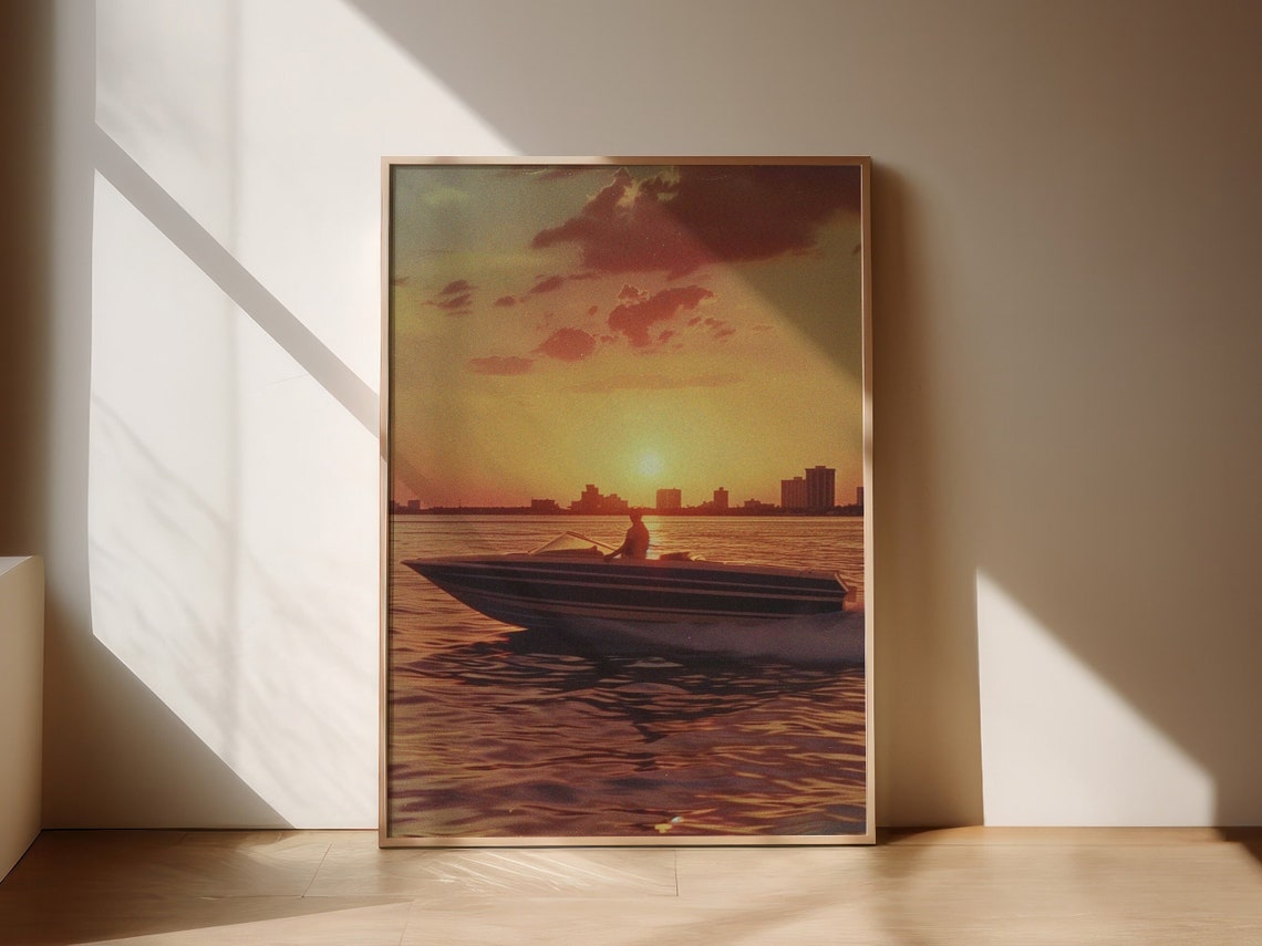 Retro Sunset Speedboat Golden Hour Ocean Skyline Photo Poster