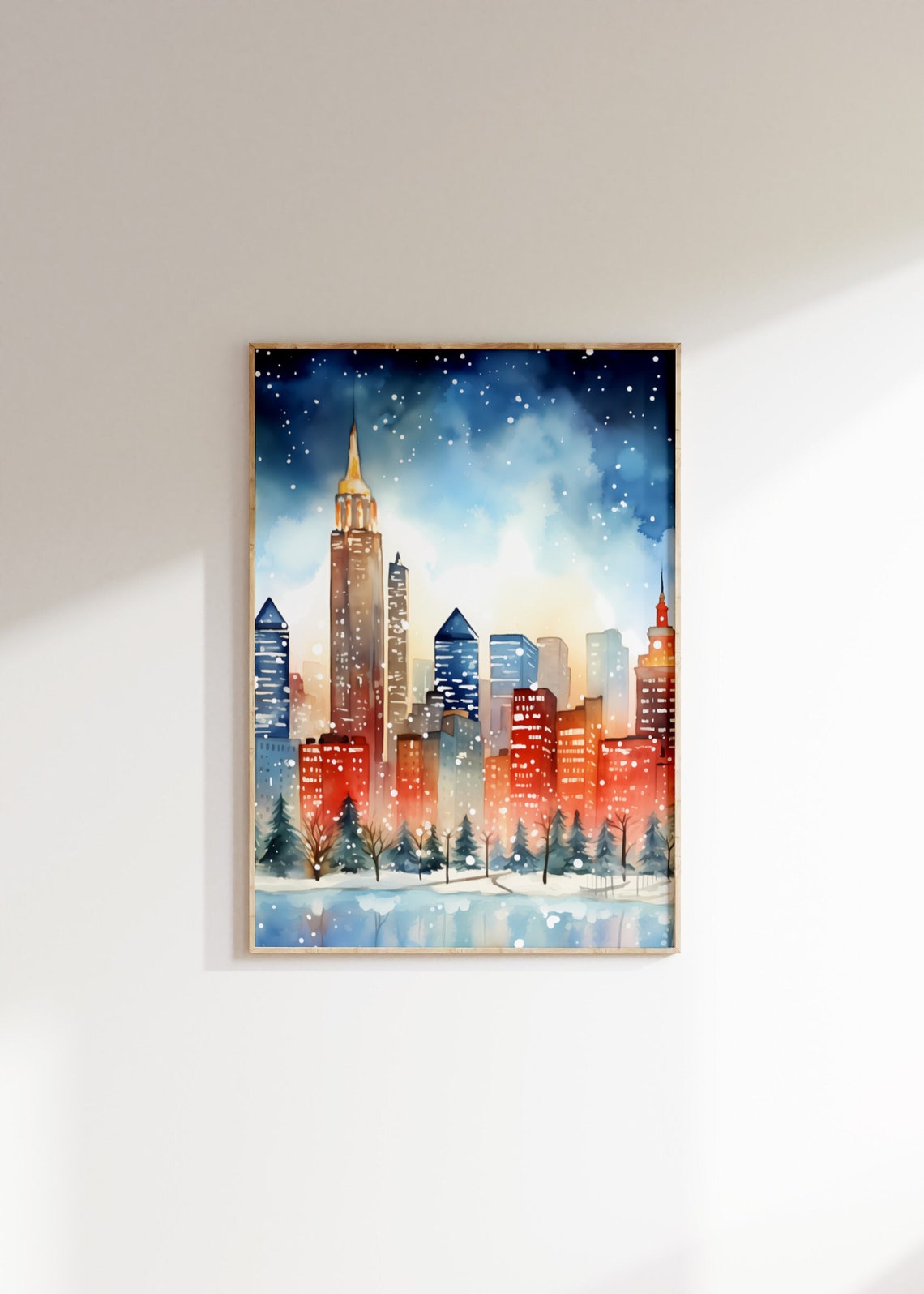 New York Manhattan Winter Skyline Snowy Night Watercolor Poster