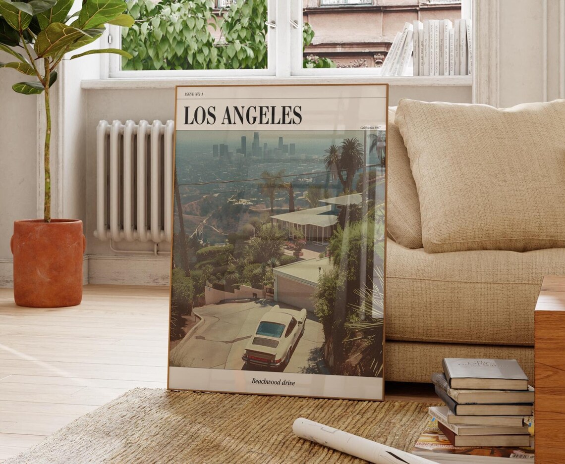 Los Angeles Beachwood Drive Hollywood Hills Vintage Car Poster
