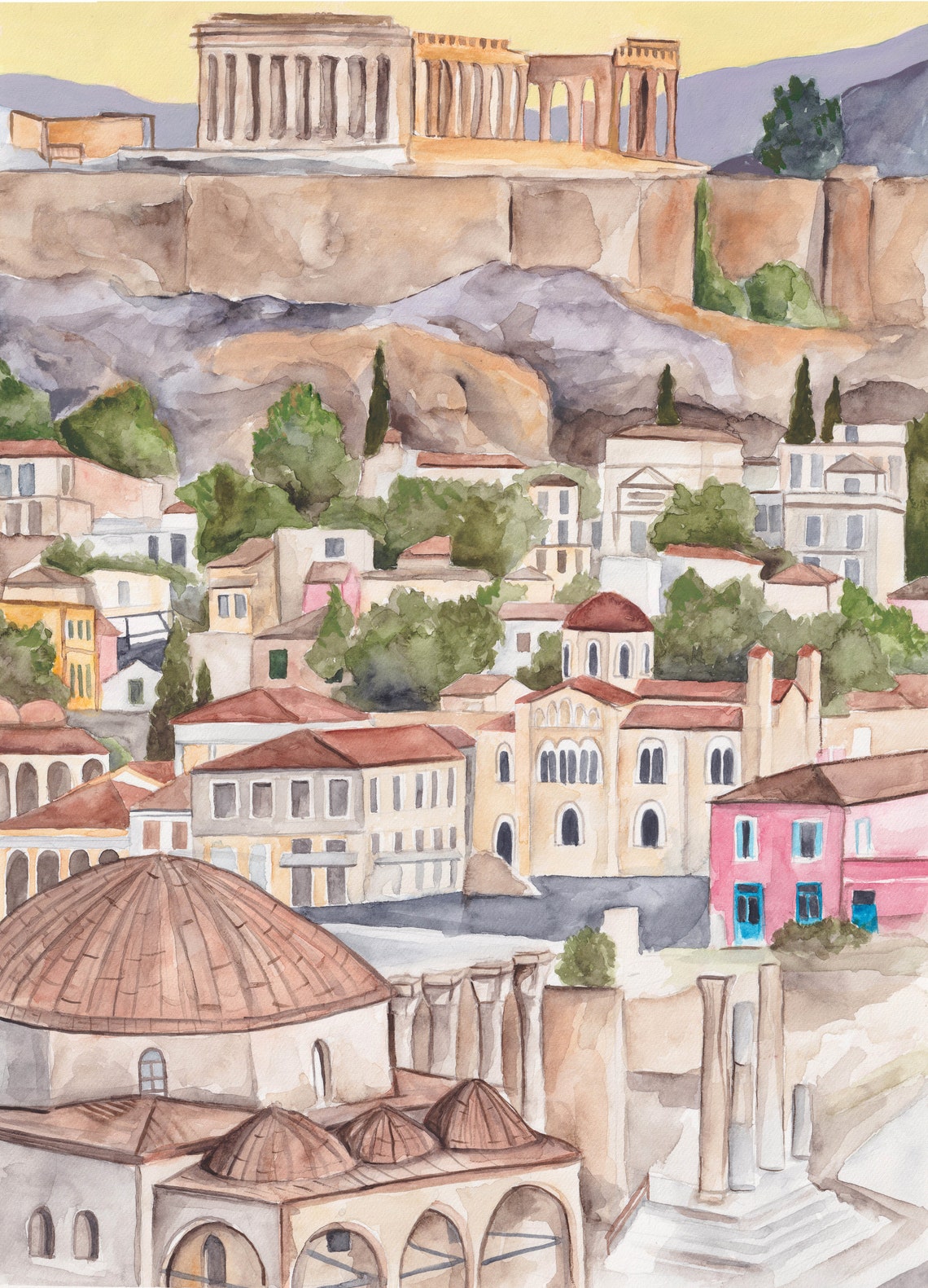 Athens Acropolis Parthenon Watercolor Cityscape Old Town View Poster - Image 2