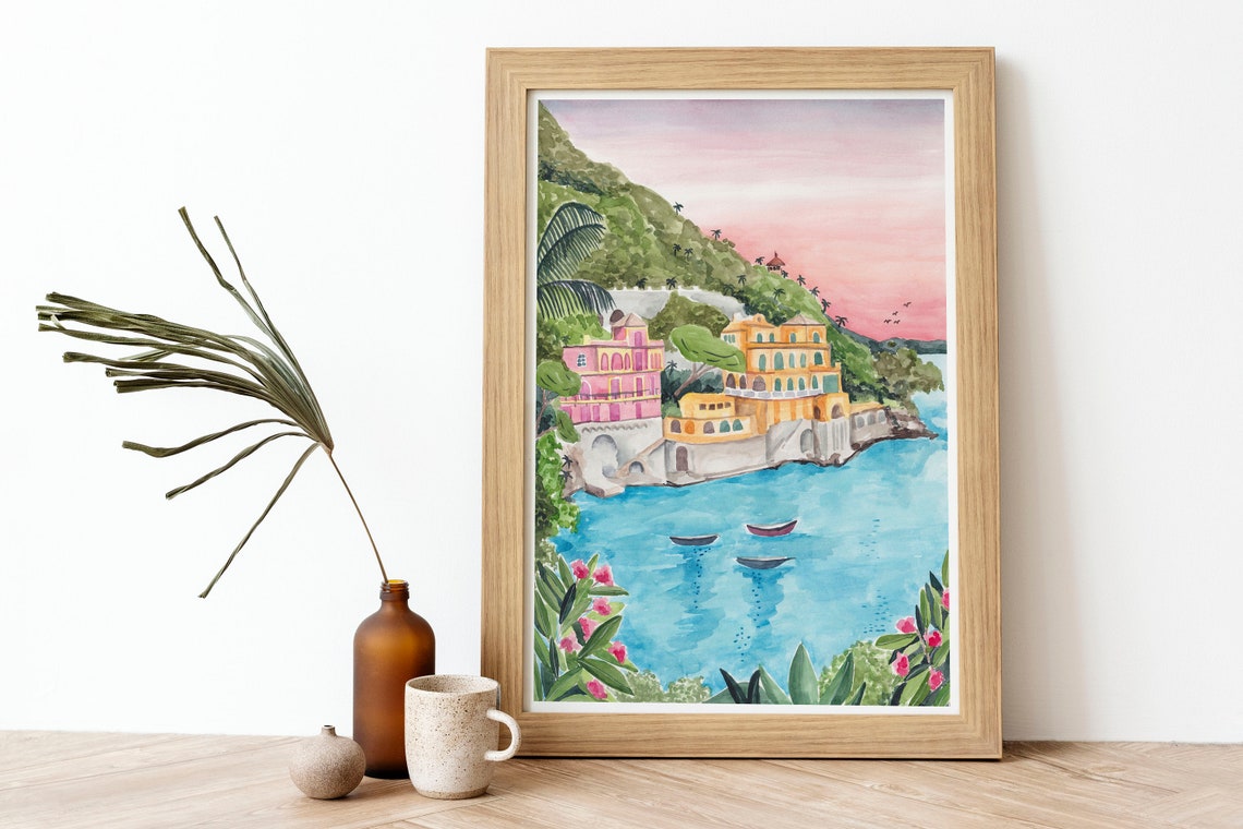 Portofino Art Print Italy Poster Italian Riviera Print Portofino Wall Decor Tropical Landscape Mediterranean Travel Illustration - Image 4