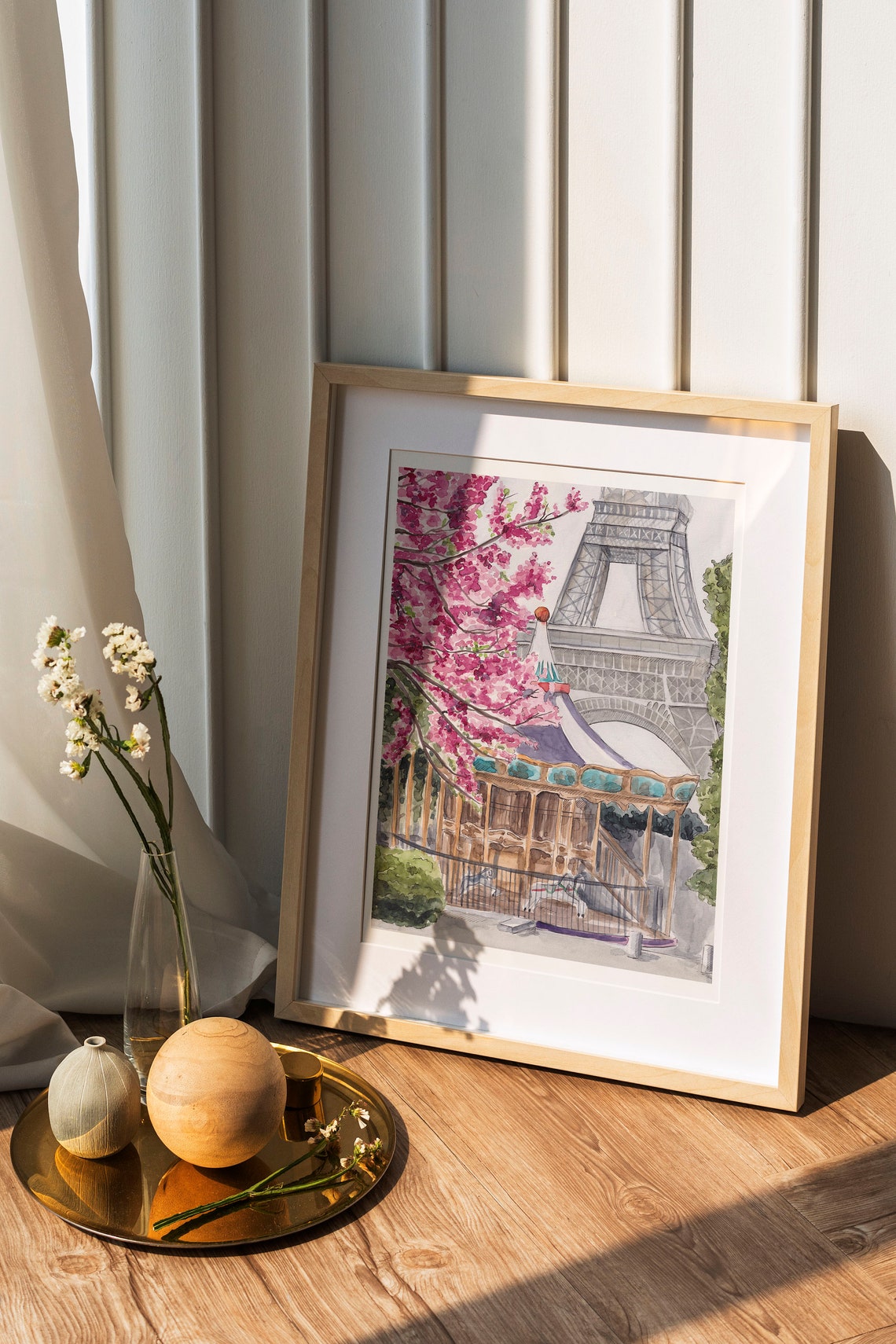Paris Carousel Cherry Blossom Spring Eiffel Tower Vintage Scene Poster - Image 2
