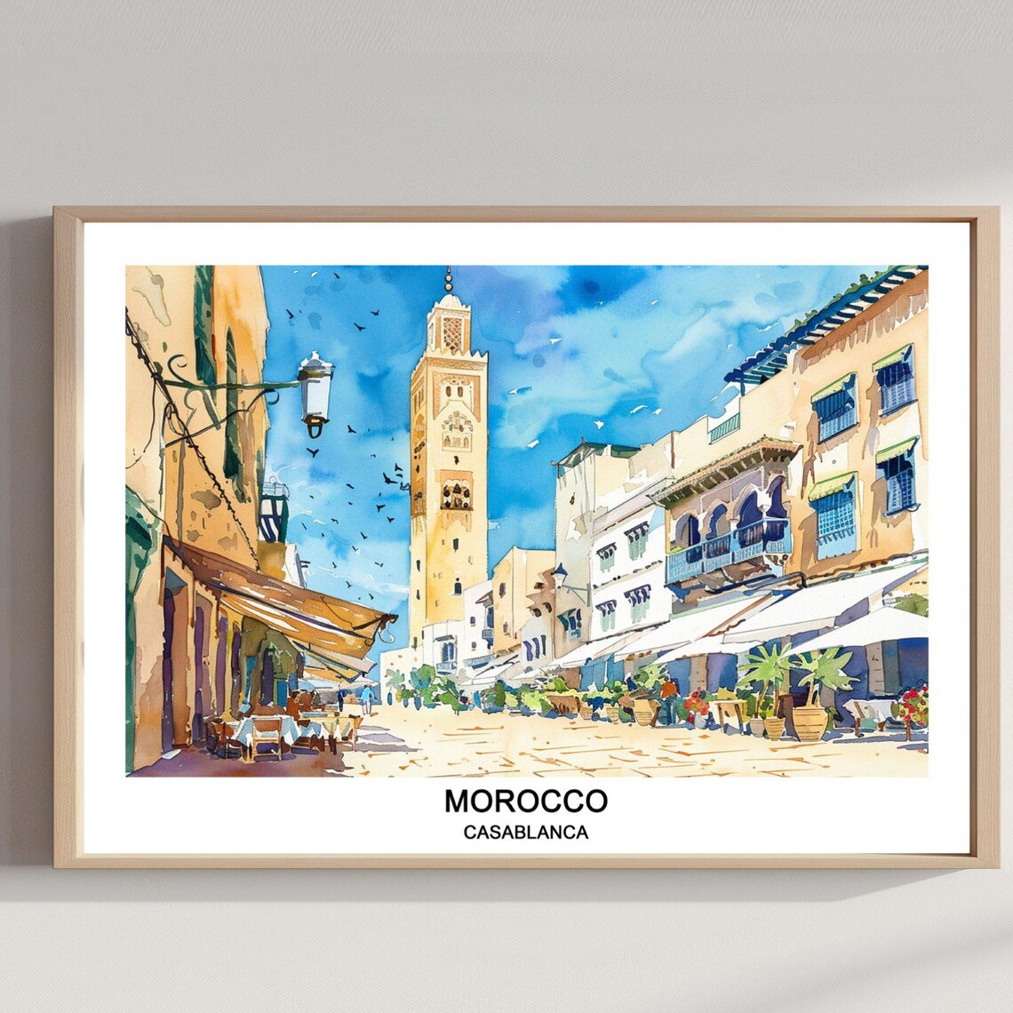 Casablanca Morocco Mosque Minaret Street Watercolor Travel Poster