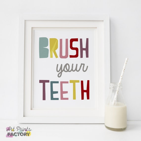 Sale Kids Bathroom Brush Your Teeth Sign Wall Decor Multicolored Quote With Stars Print