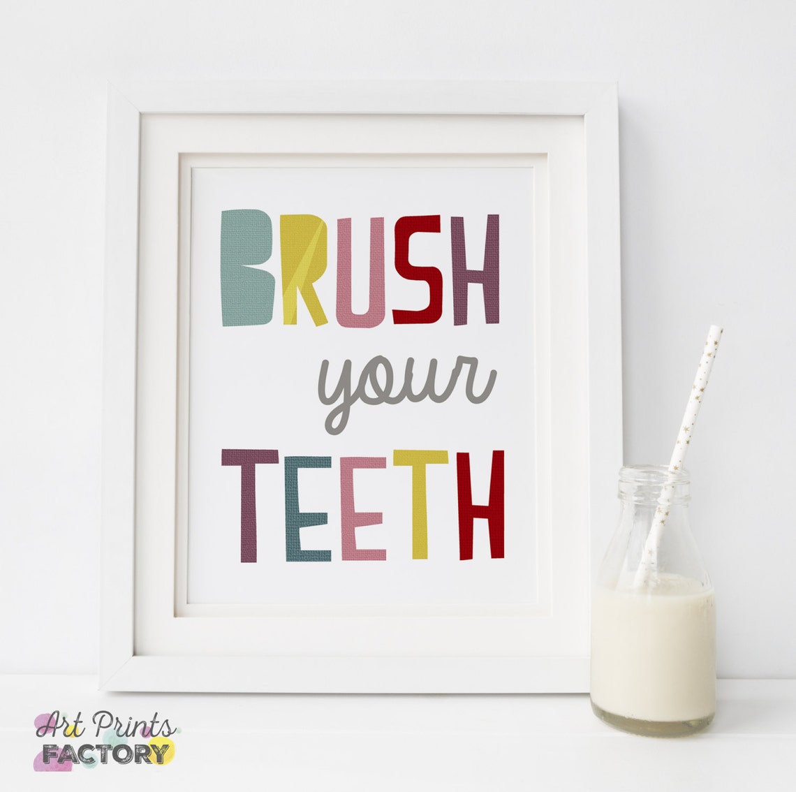 Brush Your Teeth Colorful Kids Bathroom Sign Typography Poster