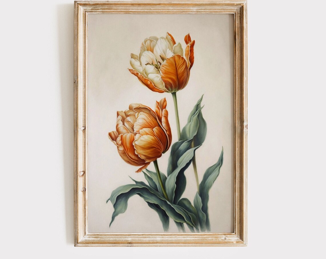 Copper Orange Tulip Blooms Vintage Botanical Flower Study Wall Poster