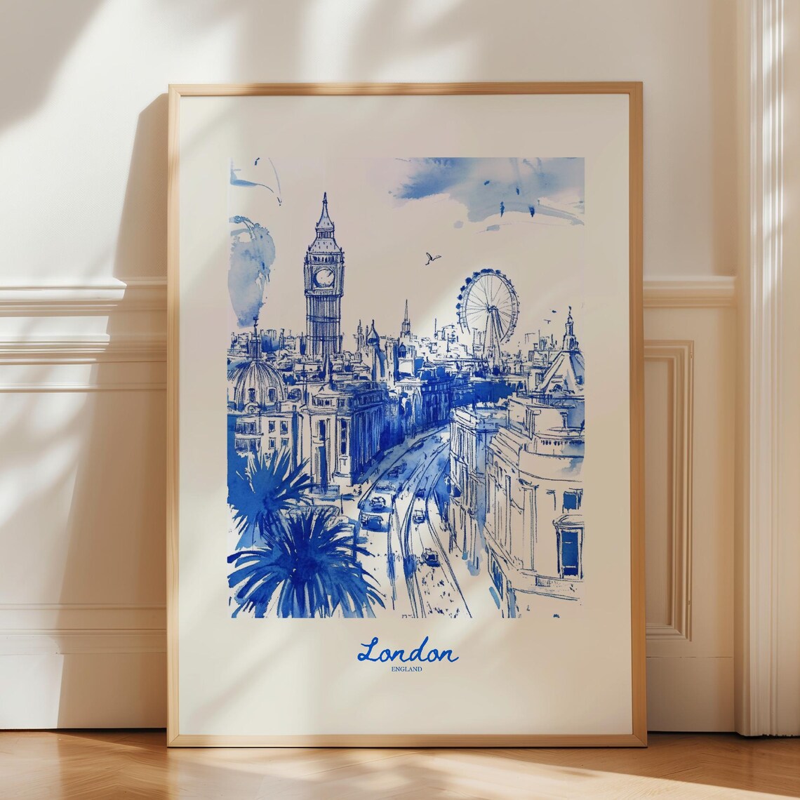 London England Blue Ink Big Ben London Eye Skyline Sketch Poster