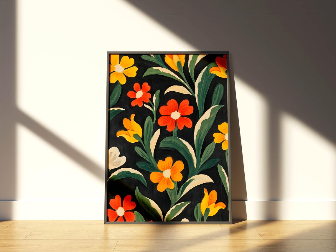 Retro Floral Bouquet on Black Red and Yellow Blossoms Botanical Poster