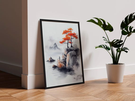 Red Autumn Tree on Rocky Island Misty Lake Japanese Ink Art Poster