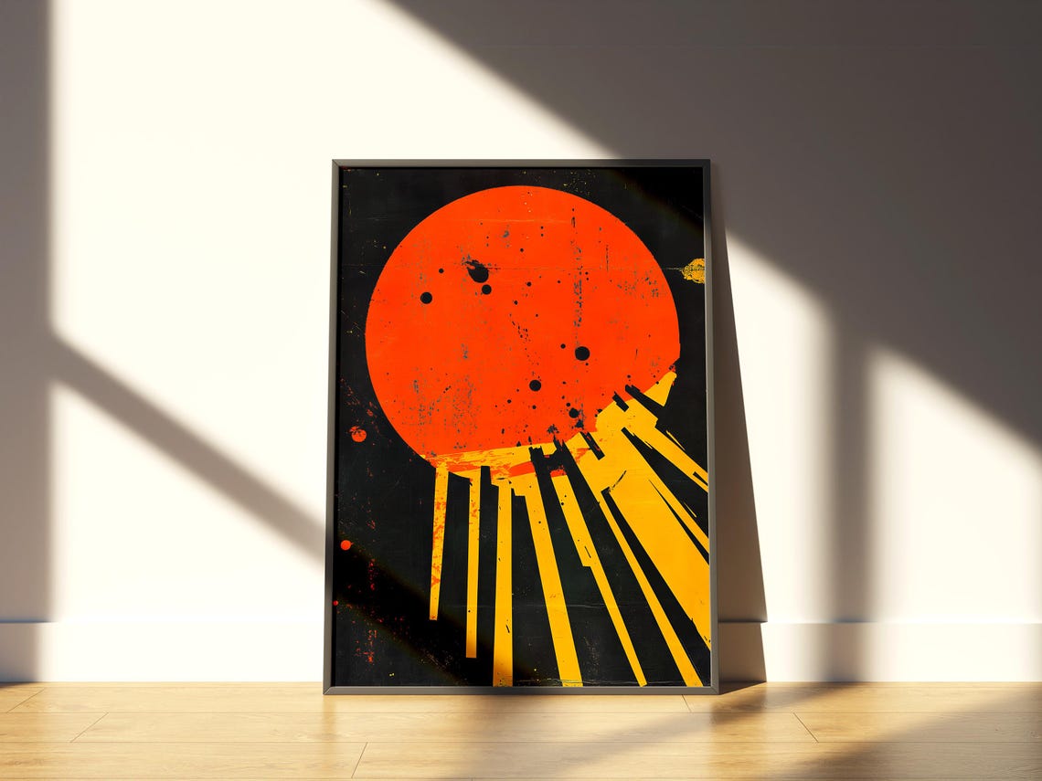 Bold Red Sun Vintage Sunburst Brutalist Abstract Graphic Wall Art