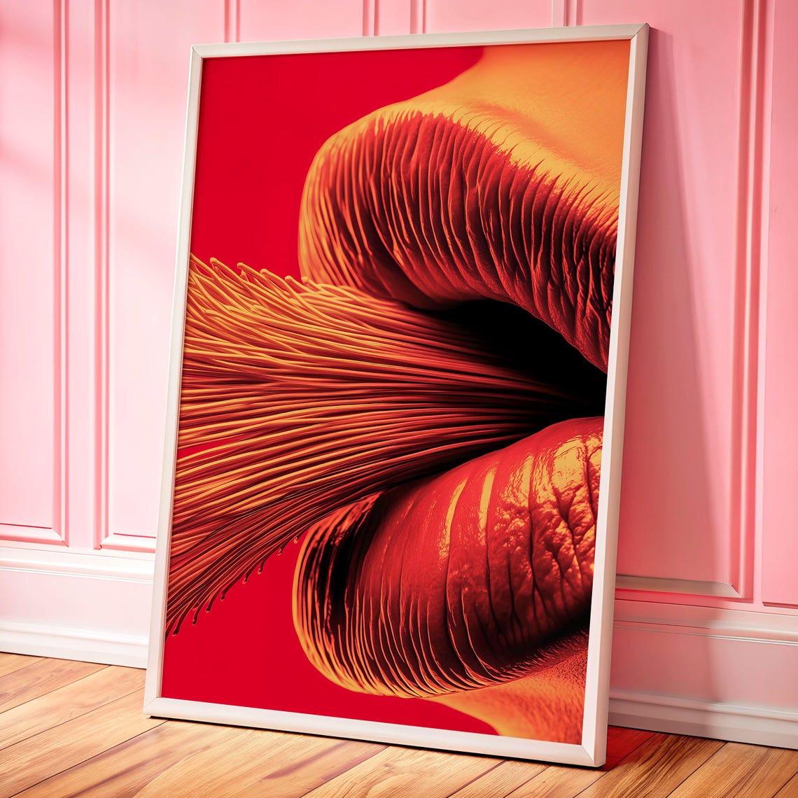 Surreal Red Lips Macro Straw Hair Bold Feminine Pop Art Poster