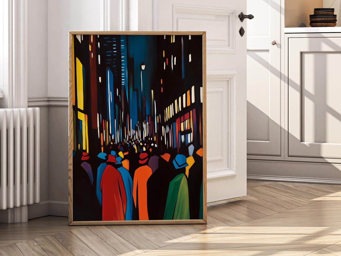 Abstract City Night Street Neon Lights Colorful Crowd Poster