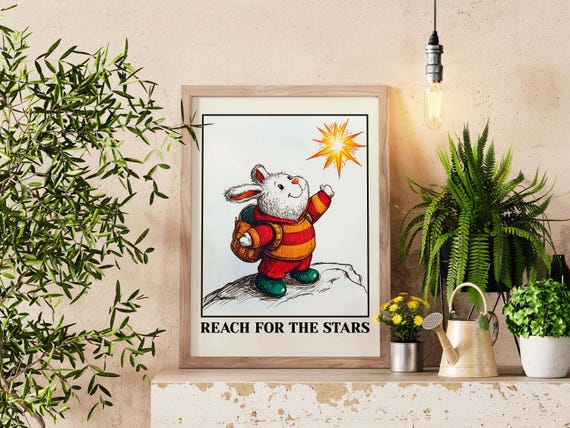 Reach For The Stars Bunny Poster Vintage Storybook Wall Art Print Inspirational Quote Dream Big Decor