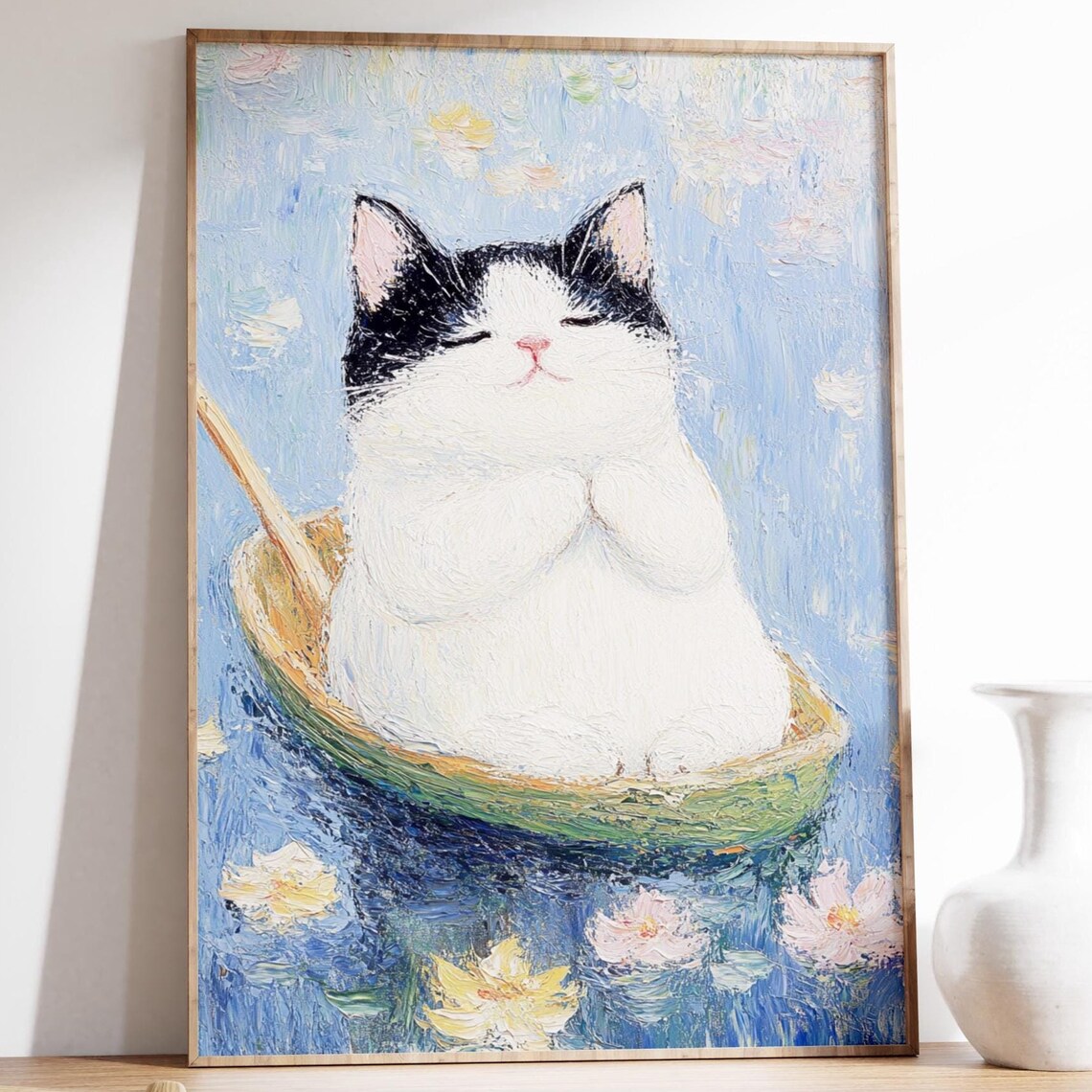 Chubby Black And White Cat In A Boat Monet Style Funny Poster