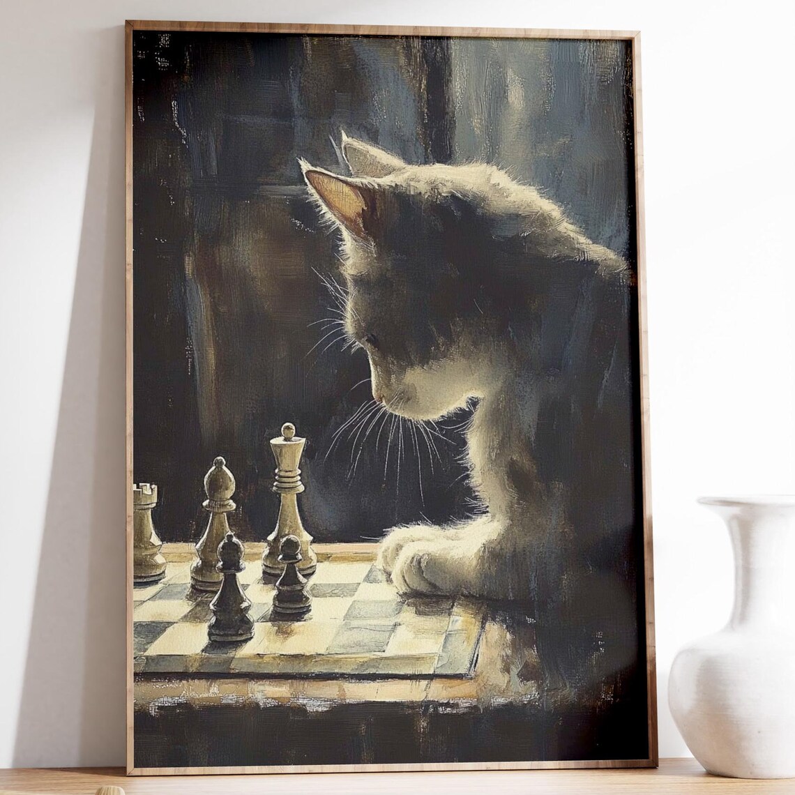 Pensive Cat Playing Chess Classic Oil Painting Style Feline Poster
