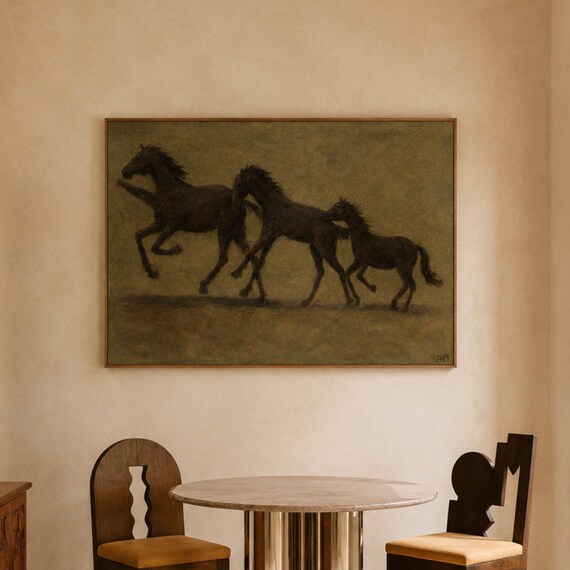 Minimalist Abstract Horse Khaki Green Oil Painting Print Horizontal Contemporary Wall Art Hand Drawn Mid Century Figurative Western Poster
