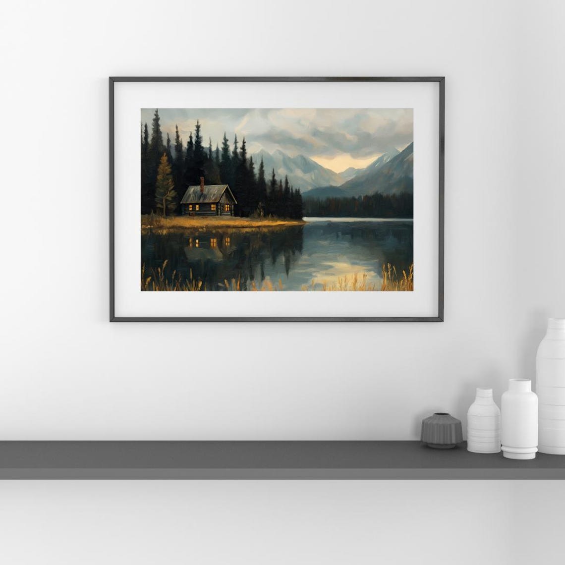 Cozy Lakeside Cabin Wall Art Serene Mountain Landscape Painting Rustic Nature Scene - Image 3