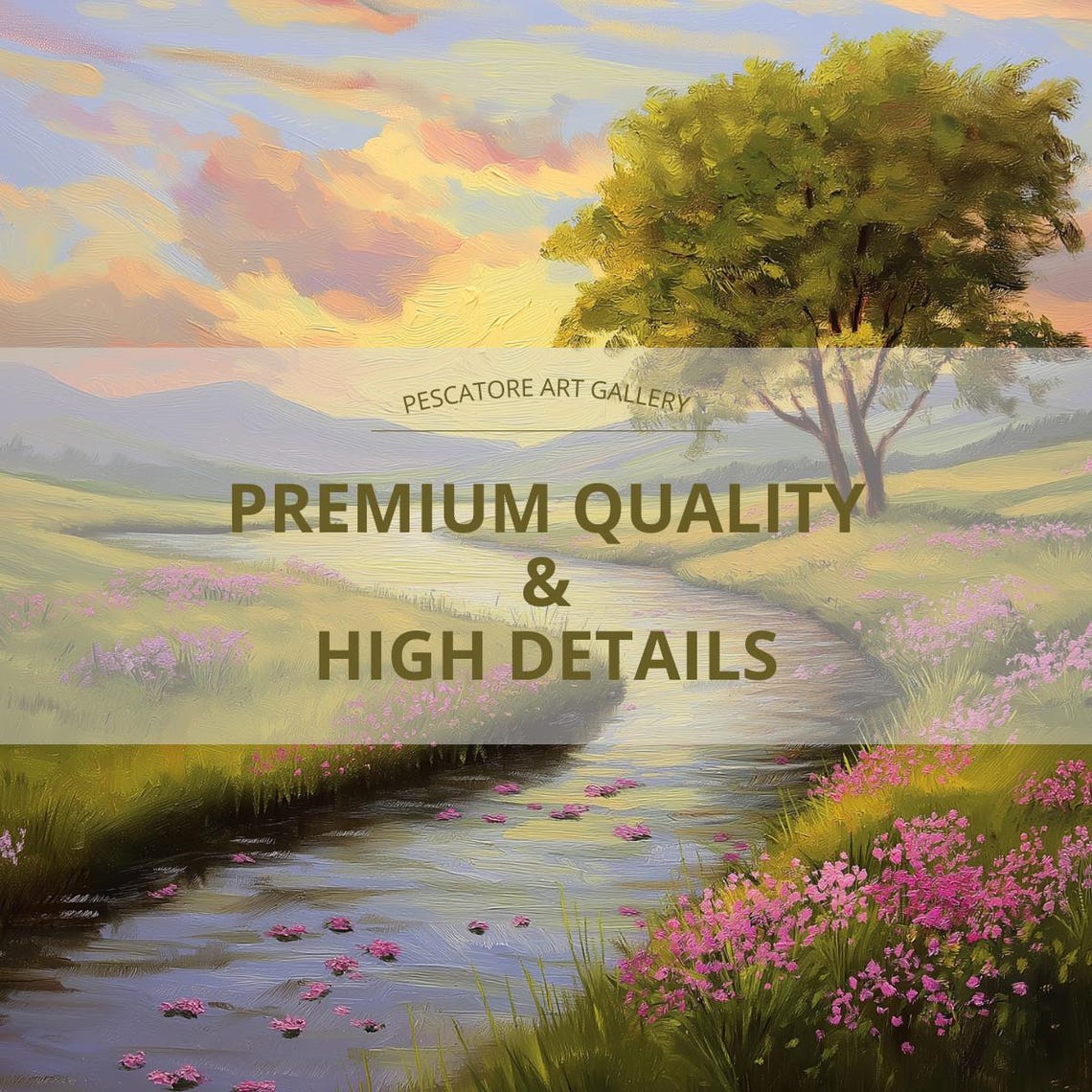 Golden Meadow Stream Pink Wildflowers Sunset Tree Serene Travel Poster