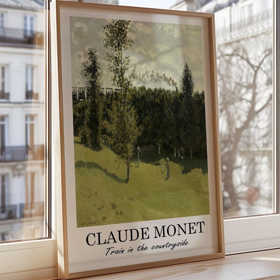Claude Monet Train In Countryside Print Impressionist Landscape Wall Art Nature Scene Poster Green Decor Vintage