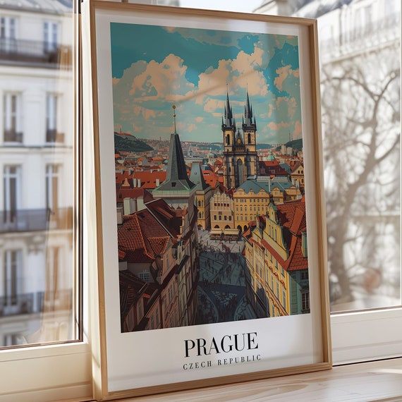 Prague City Poster Czech Republic Travel Wall Art Historical Skyline Wallpaper European Cityscape Print Vintage