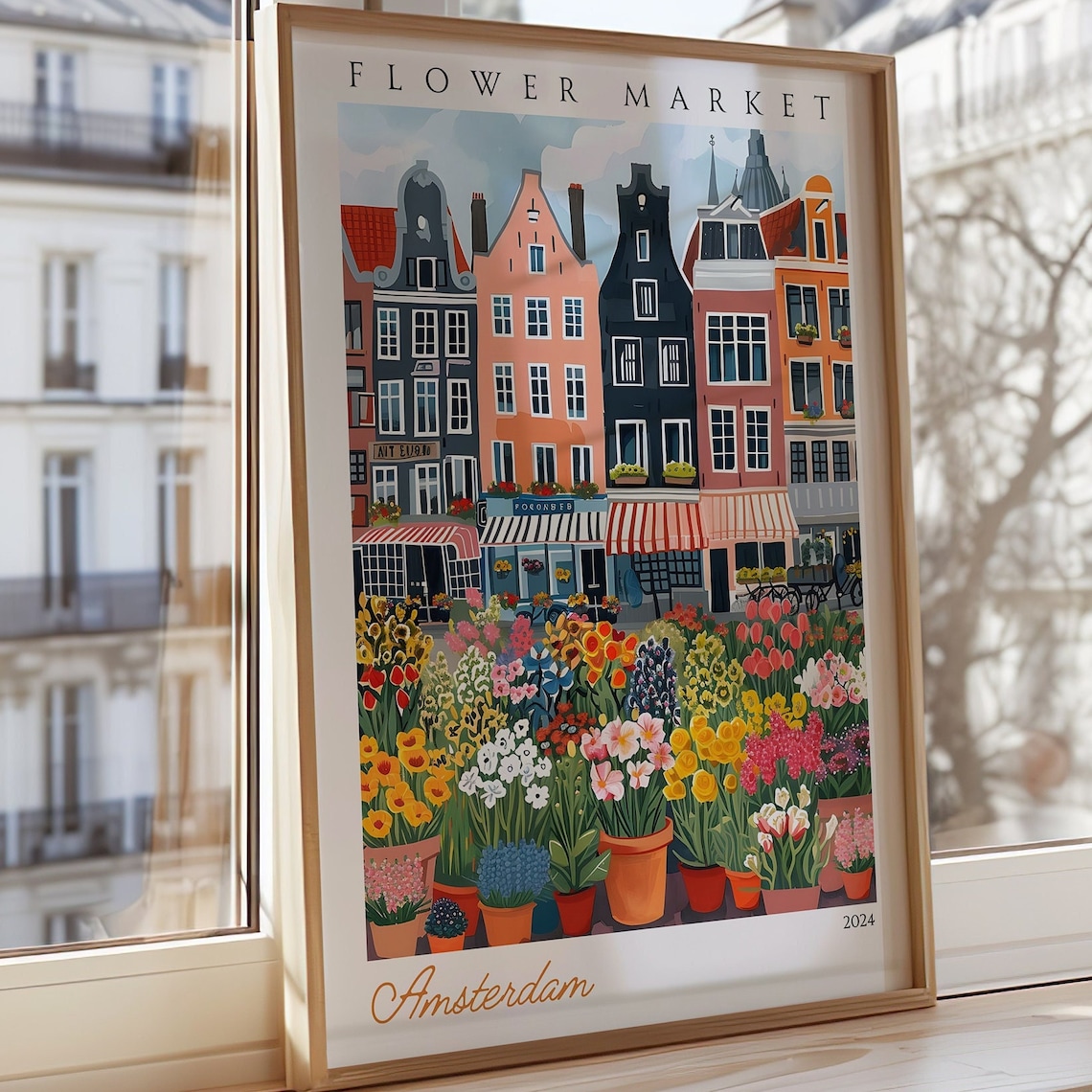 Amsterdam Flower Market 2024 Tulips and Canal Houses Travel Poster Art