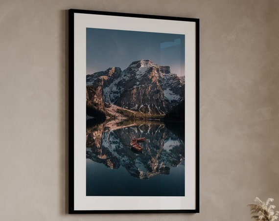 Landscape Print Gift Framed Wall Art Large Wall Art Wooden Boats On The Lake Mountain Wall Art Landscape Art