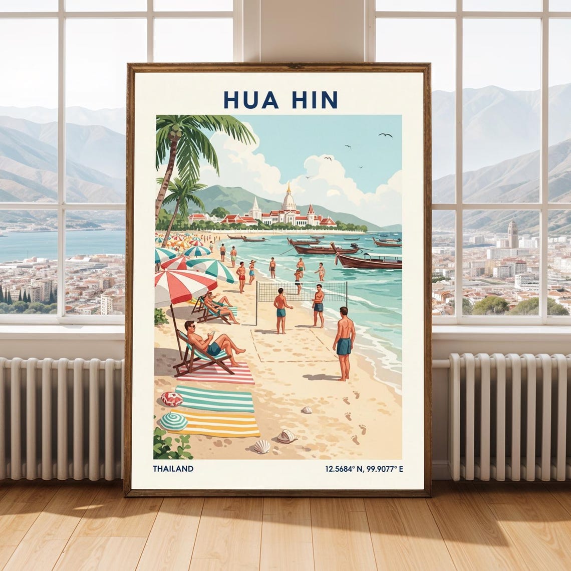Hua Hin Thailand Beach Scene with Umbrellas Vintage Travel Poster