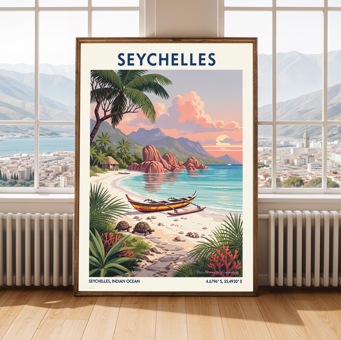 Seychelles Indian Ocean Travel Poster Sunset Beach Granite Rocks Canoe Art