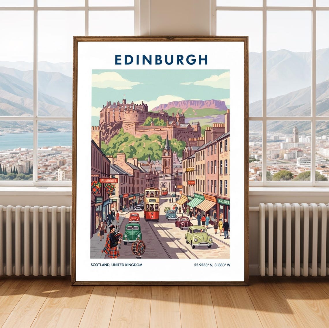 Vintage Edinburgh Tram Street Castle Retro Scotland Travel Poster