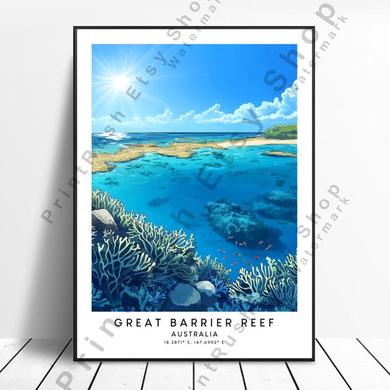 Australia Travel Poster Illustration Art Great Barrier Reef Wall Print Australian Seascape Ocean Home Dcor Gift