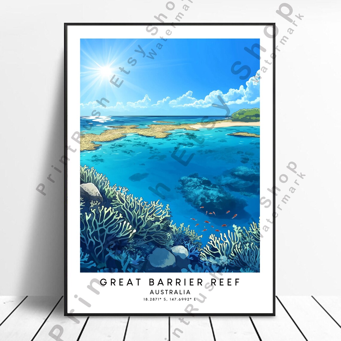 Great Barrier Reef Australia Coral Reef Travel Poster Ocean Illustration
