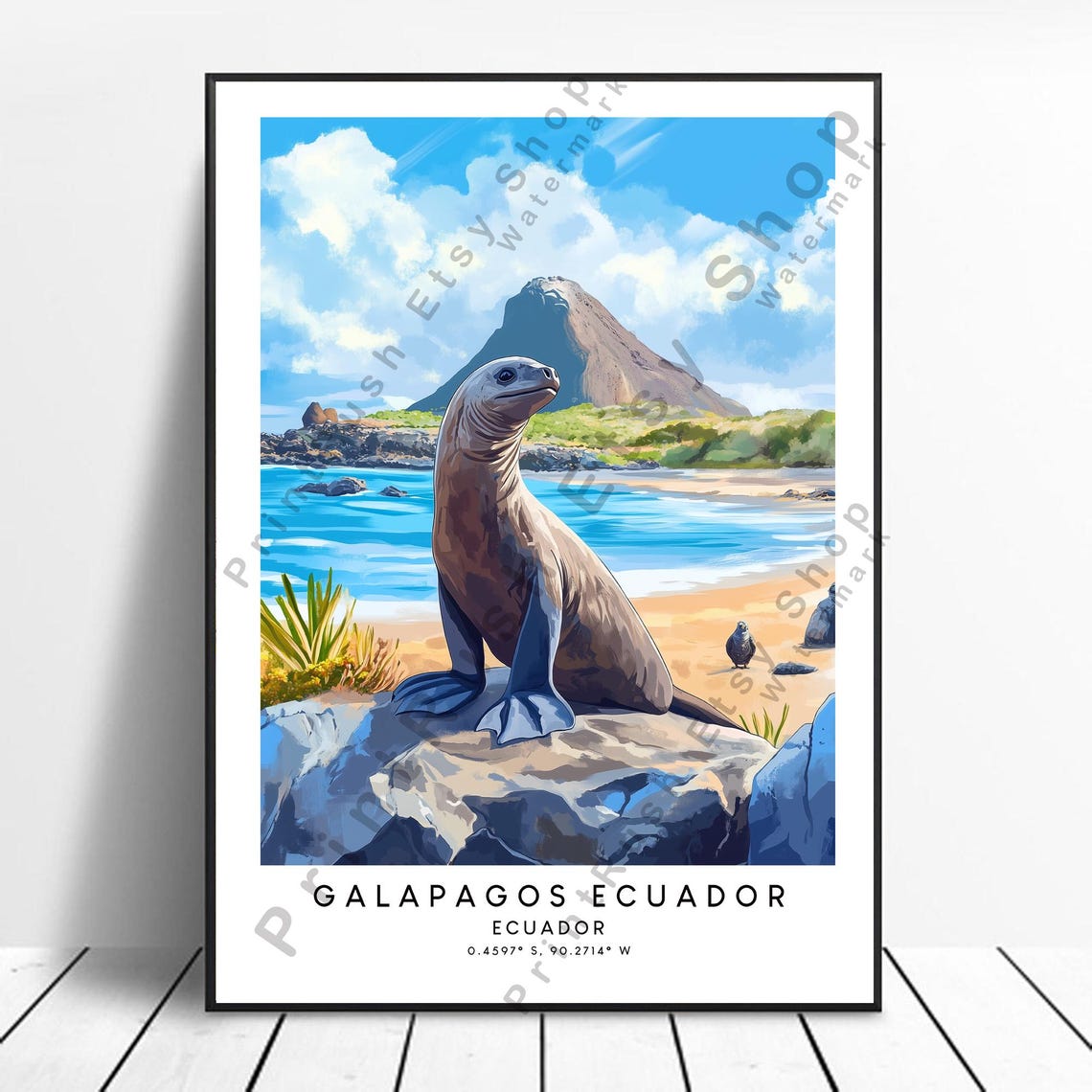 Galapagos Ecuador Sea Lion Sunny Beach Volcano Travel Poster