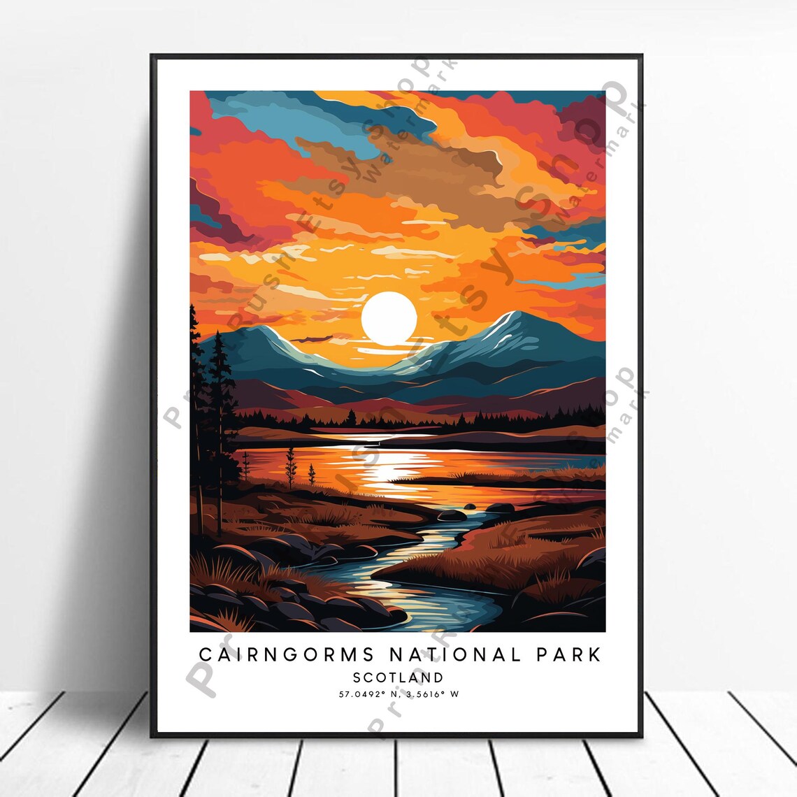 Cairngorms National Park Scotland Fiery Sunset Loch Travel Poster