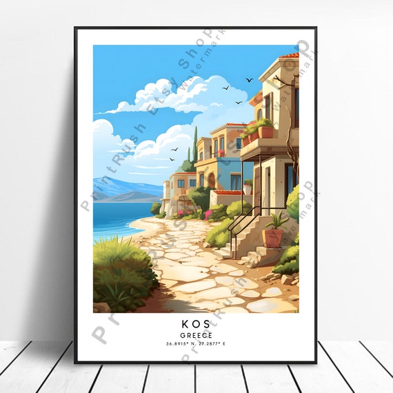 Kos Island Print Illustration Poster Greece Travel Art Wall Minimalist Coordinates