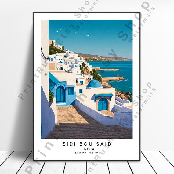 Sidi Bou Said Tunisia Illustration Art Coast Decor Poster Travel Print Wall Artwork Gift