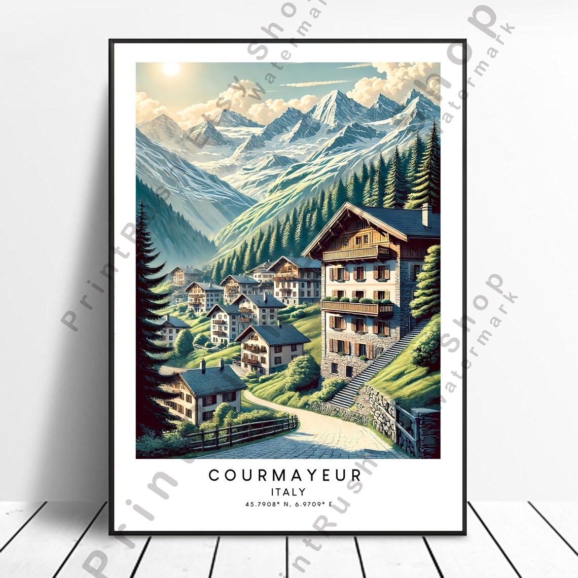 Courmayeur Italy Alpine Chalets Snow Peaks Vintage Travel Poster