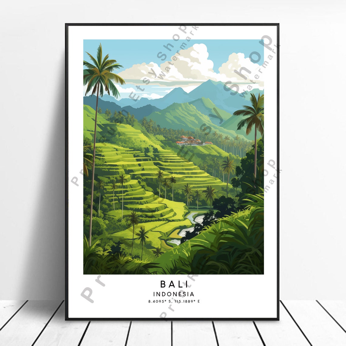 Bali Indonesia Rice Terraces Palm Trees Mountain Travel Poster