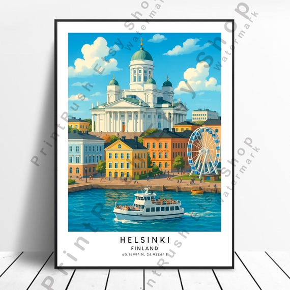 Helsinki Travel Print Wall Art Poster Illustration Finland Dcor Colourful Artwork Hanging Gift
