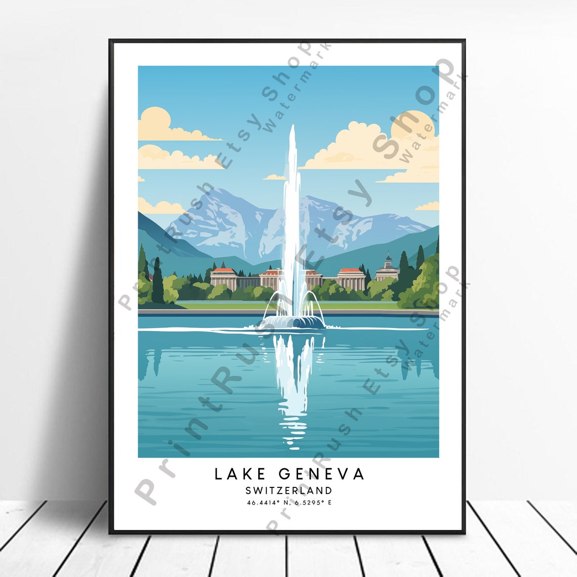 Switzerland Travel Print Colourful Lake Geneva Poster Minimalist Wall Art Hanging Gift