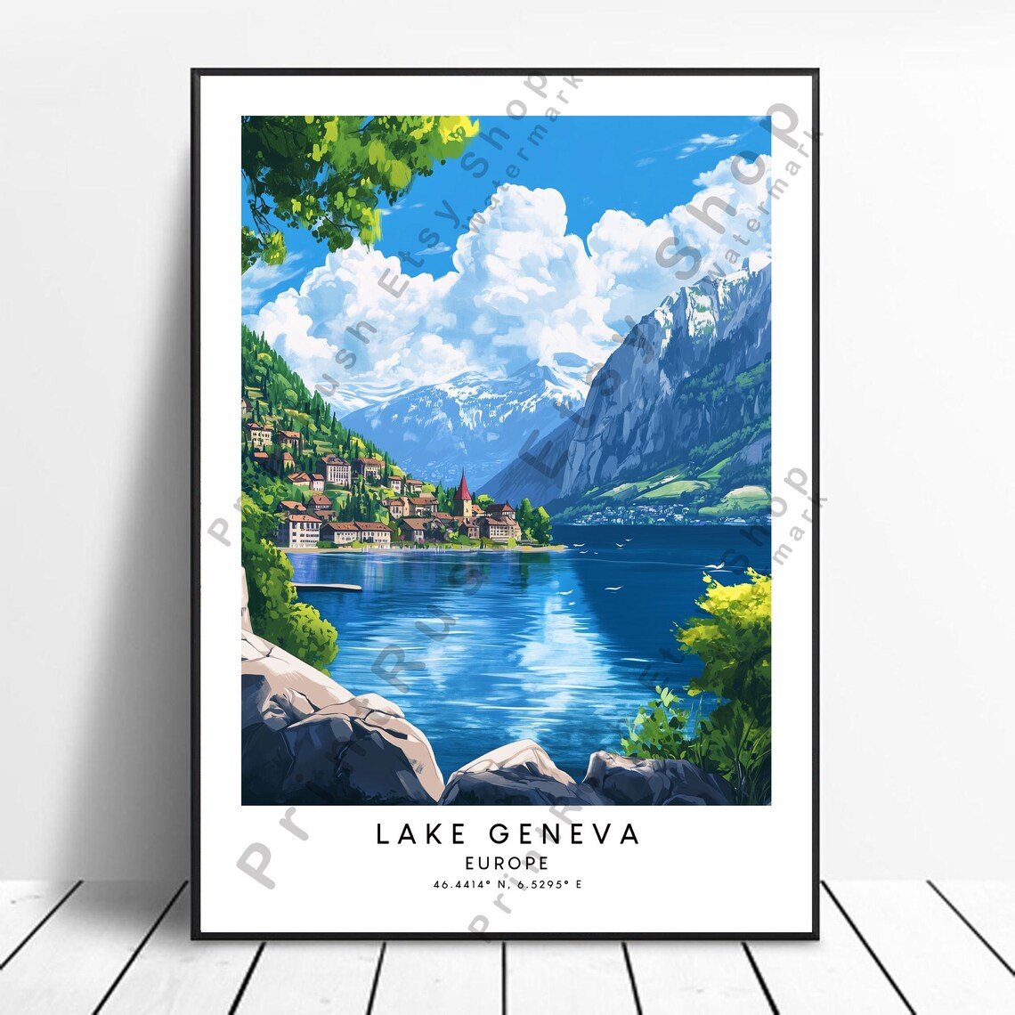 Lake Geneva Europe Alpine Village Lakeside Colorful Travel Poster