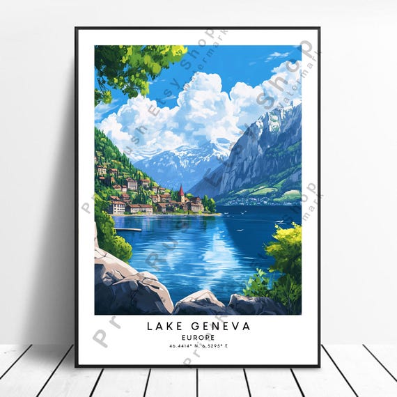 Lake Geneva Travel Print Colourful Poster Wall Art Home Dcor Illustration Gift