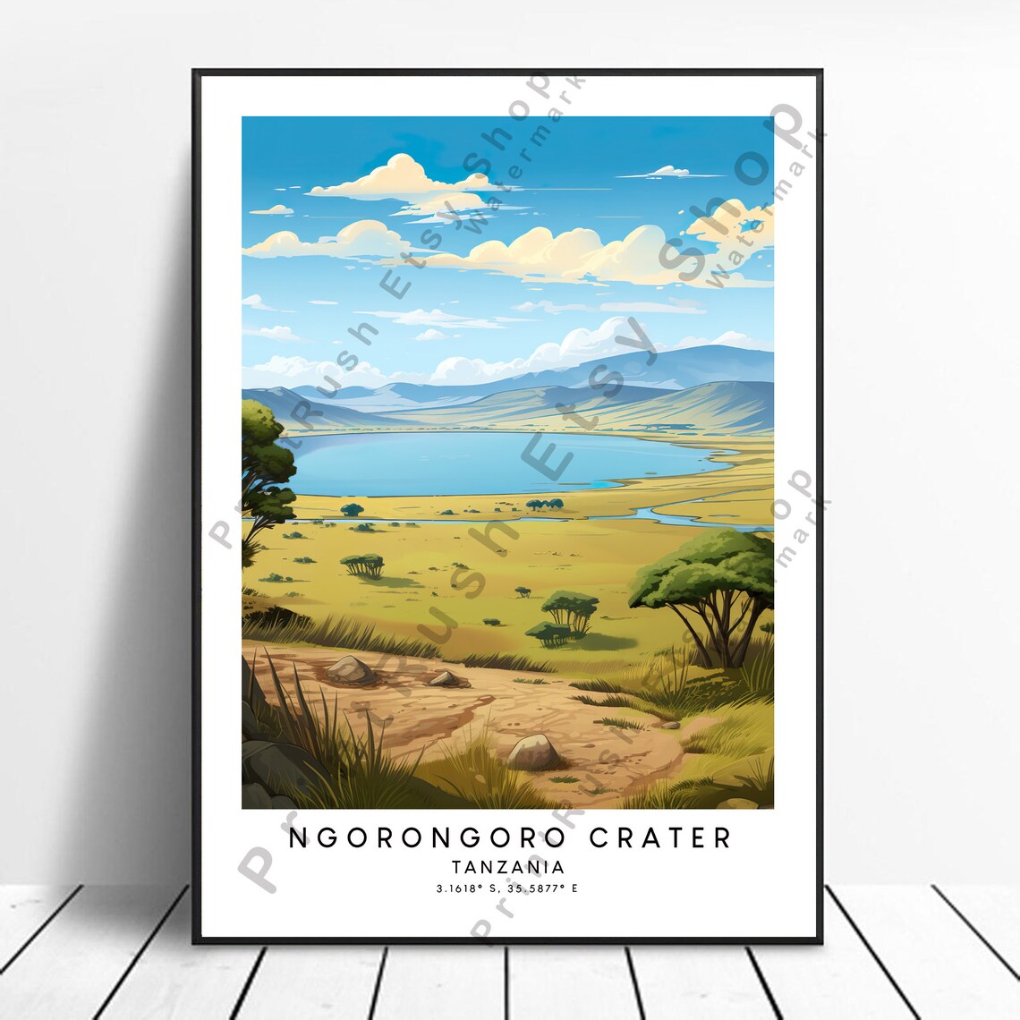 Ngorongoro Crater Tanzania Safari Savanna Landscape Travel Poster