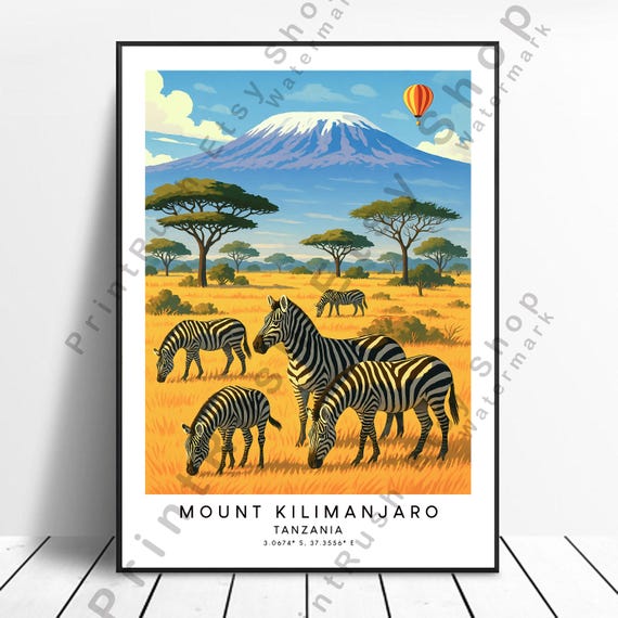 Mount Kilimanjaro Illustration Art Print Wildlife Wall Tanzania Travel Poster Safari Decor Gift