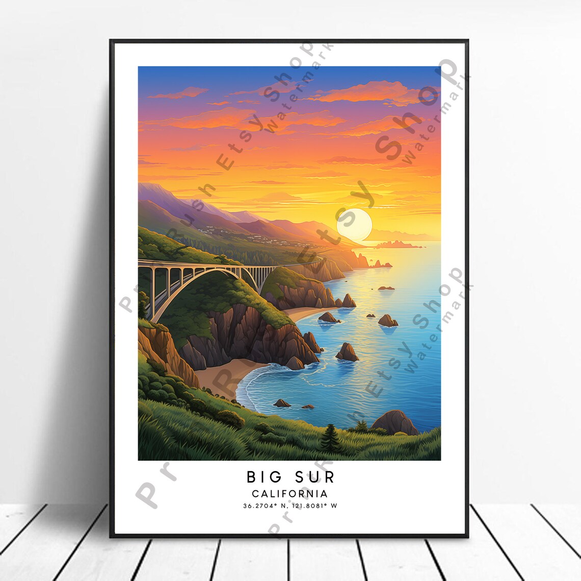 Big Sur California Bixby Bridge Sunset Coast Travel Art Poster