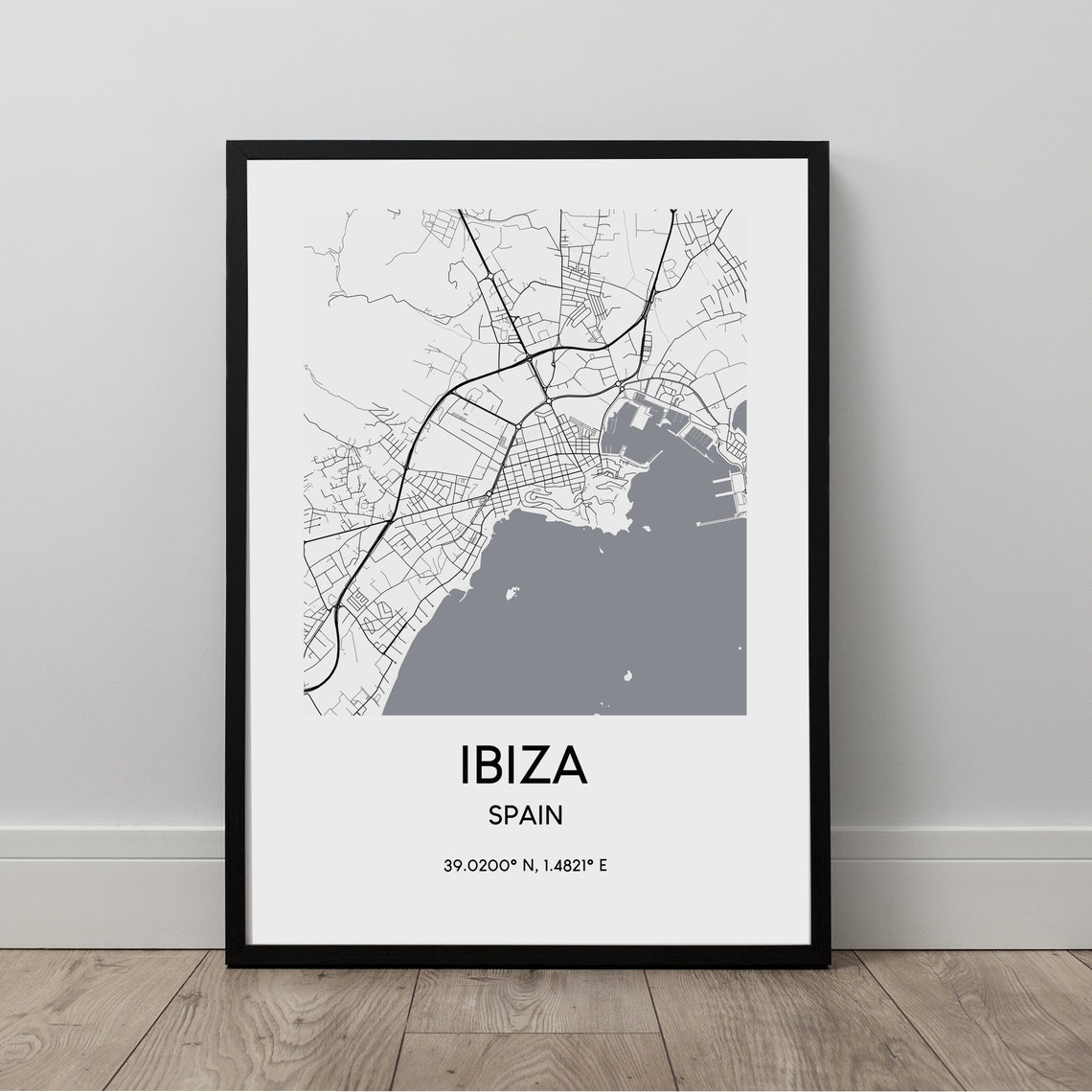 Ibiza Spain Minimalist Black And White Island Coastline Map Poster