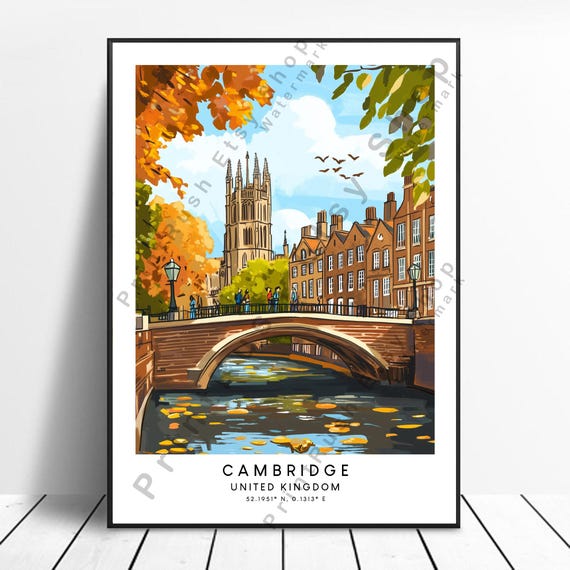 Cambridge Print Wall Art Poster Home Dcor England Illustration River Cam Gift Travel