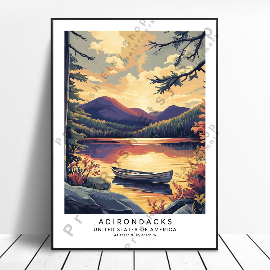 Adirondacks Lake Sunset Canoe Mountain Reflection Golden Poster